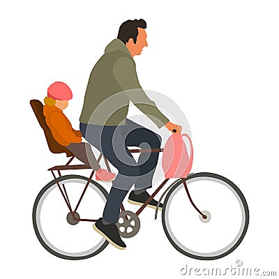 Man rides a bicycle with child on baby seat flat style vector illustration Vector Illustration