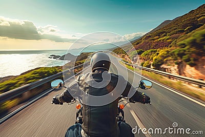 A man rides a motorcycle along a scenic coastal road with the ocean in the background, A biker enjoying a solitary ride on a Stock Photo