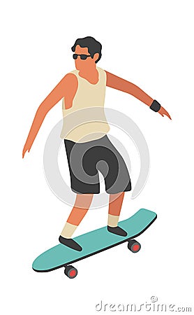 Man rides skateboard. Happy young guy skateboarding flat vector street activities concept Vector Illustration