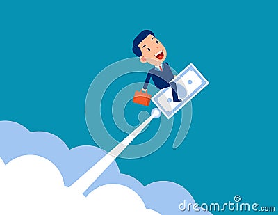 A man riding banknote as rocket. Money development Vector Illustration