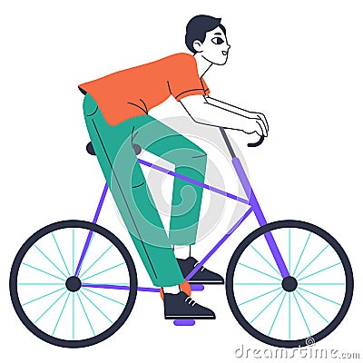 Man riding bicycle, linear male on bike. Bike riding, cyclist ride bicycle flat vector illustration on white background Vector Illustration