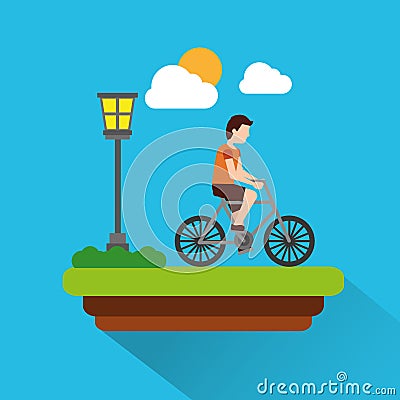 Man riding bicycle with meadow lapm light cloud and sun scene shadow Vector Illustration
