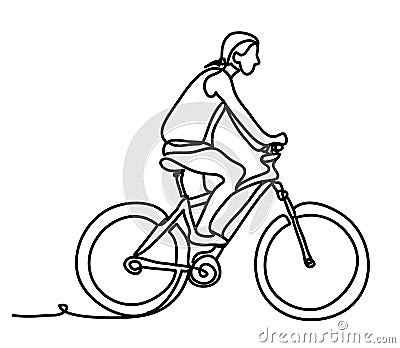 Man riding a bicycle outside. Concentrated young guy using his bike in the courtyard. Continuous line drawing. Isolated Vector Illustration