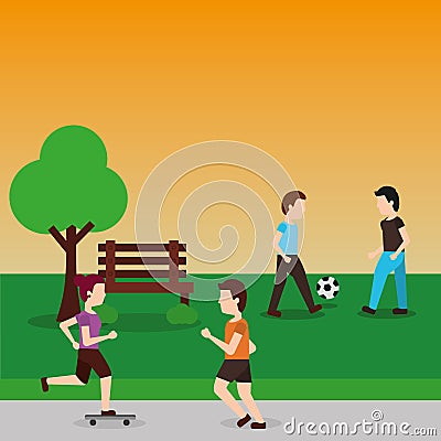 Young men playing with ball soccer and couple making sport the bench park vector illustration Vector Illustration