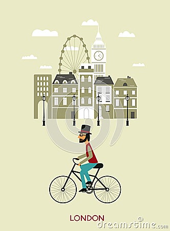 Man riding a bicykle. London. Vector Illustration
