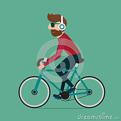 Man riding bike. Hipster character on bicycle. Vector Illustration