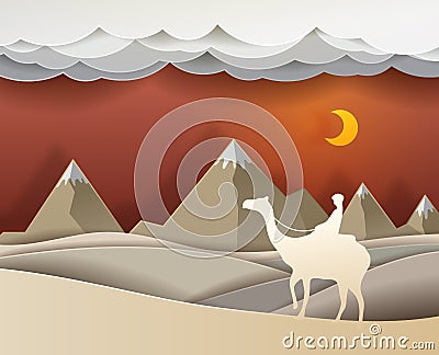 Man riding a camel in the desert at night vector paper art cute Vector Illustration