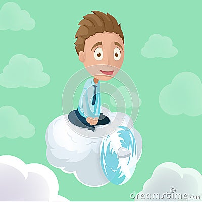 Man Riding Cloud Propeller Sky Vector Vector Illustration