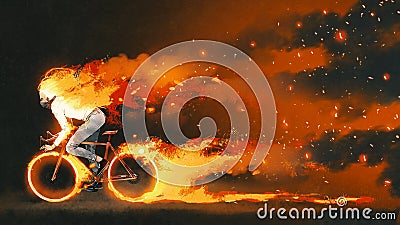 Man riding a fire bicycle Cartoon Illustration