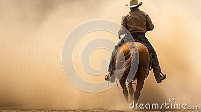 A man riding a horse wearing a cowboy hat in the dust of the prairie. Stock Photo