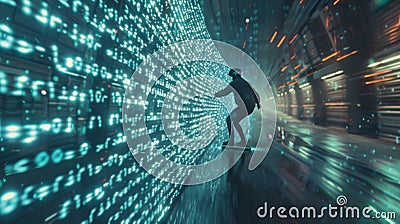 Man riding a hoverboard on a digital wave of binary code in a virtual world Stock Photo