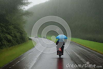 Man riding a motorcycle in bad rainy weather Stock Photo