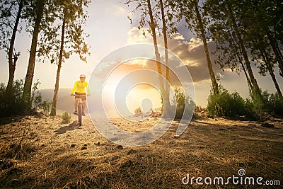 Man riding mountain bike on enduro track Stock Photo