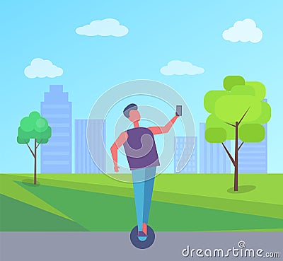 Man Riding on Segway and Taking Selfie City Park Vector Illustration