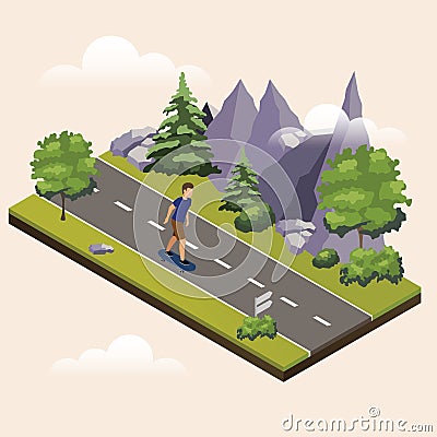 Man riding a skateboard on countryside summer sunny road or highway. Isometric countryside. Summer road. Vector Illustration