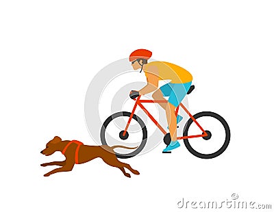 Man riding sport bike exercising with a running dog Vector Illustration
