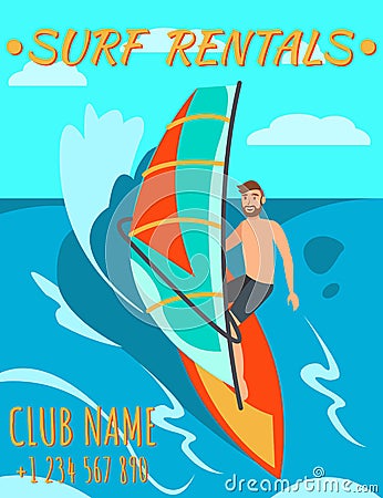 Man is riding Surf. Surf Rental. Windsurf Rental Vector Illustration