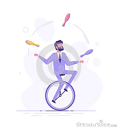 Man is riding on unicycle and juggling tasks. Vector Illustration
