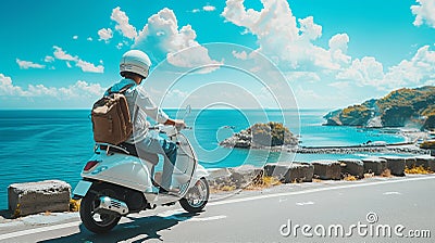 Man riding white scooter on coastal road with ocean view Stock Photo