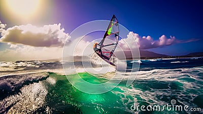 Man riding wind sail on top of wave in the ocean. Generative AI Stock Photo
