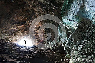 Man Rising Arms Light End Tunnel Success Silhouette Stock Photo