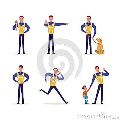 Man Road Policeman Wearing Vest Keeping Order of Traffic Rules Vector Set Vector Illustration