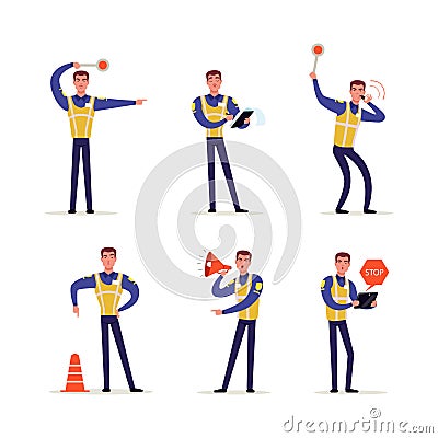 Man Road Policeman Wearing Vest Keeping Order of Traffic Rules Vector Set Vector Illustration