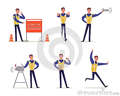 Man Road Policeman Wearing Vest Keeping Order of Traffic Rules Vector Set Vector Illustration