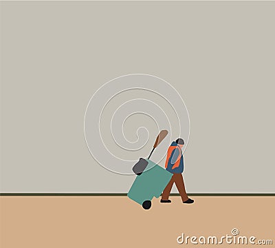 Man road sweeper cleaning working keep garbage and push garbage cart at the road. Vector Illustration
