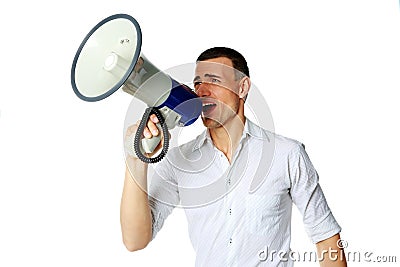 Man roaring loudly into megaphone Stock Photo