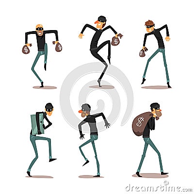 Man Robber Characters or Thief Dressed in Black Clothing and Mask Committing Crime Vector Set Stock Photo