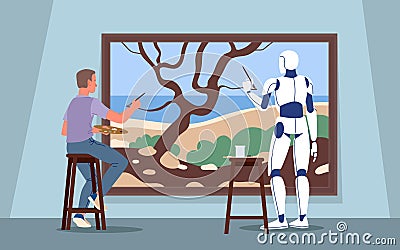 Man and robot create together, painter drawing image with brush and help of cyborg. Art content creation with artificial Vector Illustration