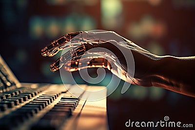 Man with robot fingers using laptop. Stock Photo