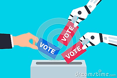 Man and robot hands put ballot papers bulletin into voting box election campaign vector Vector Illustration