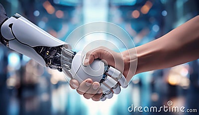 Man and robot handshake as concept for people and AI advanced technology collaboration. Artificial intelligence employment replace Stock Photo