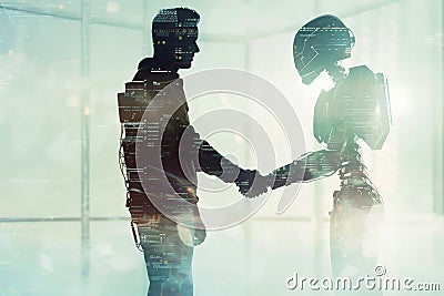 Man and robot shaking hands, concept of technological innovation, cooperation between robots and future artificial Stock Photo
