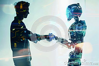 Man and robot shaking hands, concept of technological innovation, cooperation between robots and future artificial Stock Photo