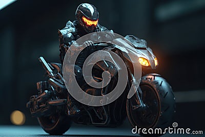 A man in a robot suit rides a motorcycle. AI generative Stock Photo