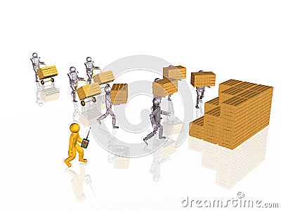 Man and robots with casegoods Cartoon Illustration