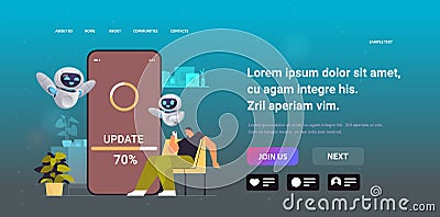 man with robots helpers updating operating system update process install new software on smartphone artificial Vector Illustration