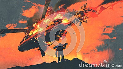 Man with rocket launcher looking burning falling helicopter Cartoon Illustration