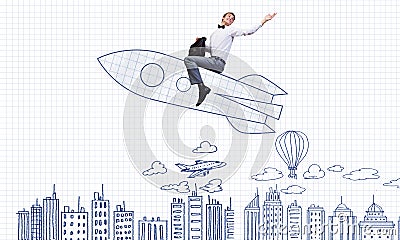 Man on rocket Stock Photo