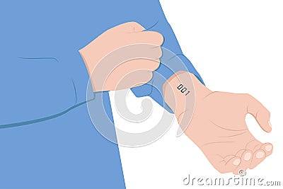 Man rolls up his sleeve with other hand to show his wrist. On wrist is tattoo sign with numbers zero zero one. The concept of Vector Illustration