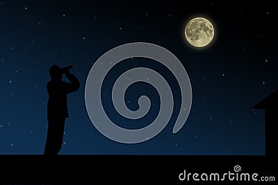 The man on the roof looks through binoculars at the full moon at night. Stock Photo