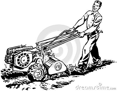 Man With Roto Tiller Vector Illustration