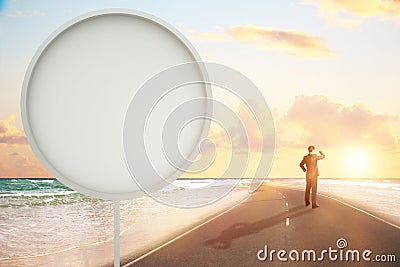 Man with round banner Stock Photo