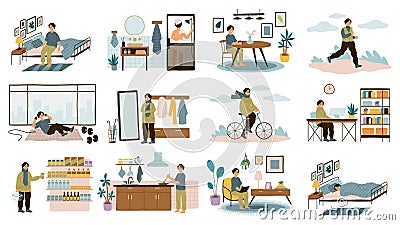 Daily man routine. Everyday young guy life activities, male leisure and work, home and office, sport and walk, sleep and Vector Illustration