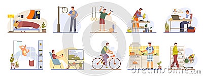 Man daily routine icons set day work and rest life schedule isolated vector illustration. Sleep, morning, work and meal Vector Illustration