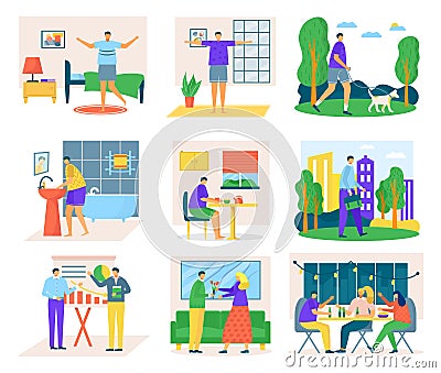 Man daily routine icons set of isolated vector illustrations. Day work and rest life schedule, every day life, time Vector Illustration