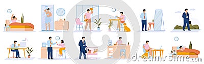 Daily man routine. Young guy everyday leisure and work activities, eating, working, sleeping. Vector illustration set Vector Illustration